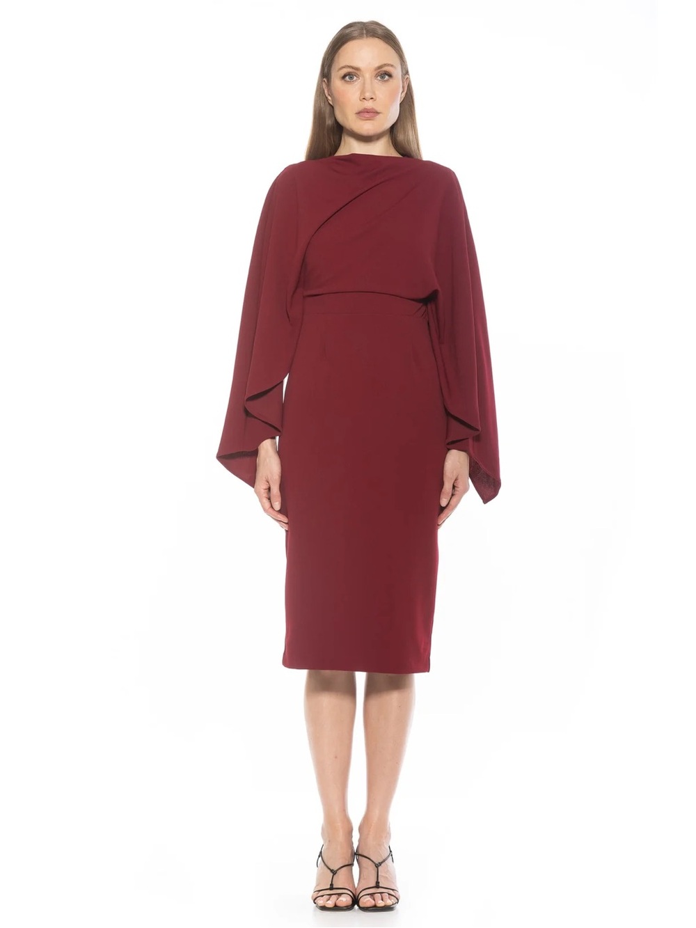Alexia Admor VIDA Burgundy Cape-Sleeve Midi Dress